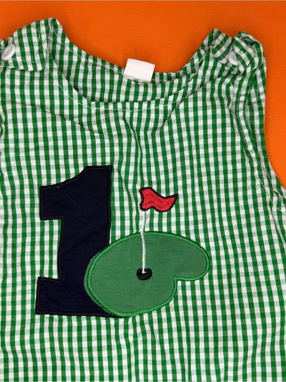 Golf #1 Appliqué Baby Green Gingham Romper Size 12-18 Months